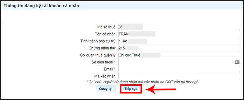 Điền thông tin và nhấn Tiếp tục