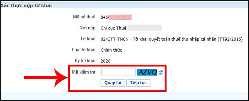 Nhập mã kiểm tra và nhấn Tiếp tục để hoàn thành tờ khai