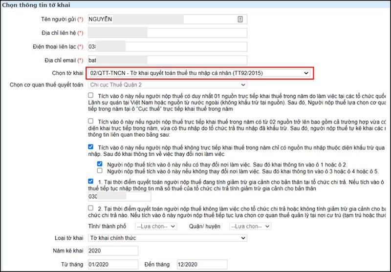 Điền thông tin tờ khai trực tuyến