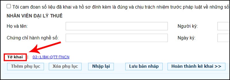 Nhấn vào Tờ khai để quay trở lại