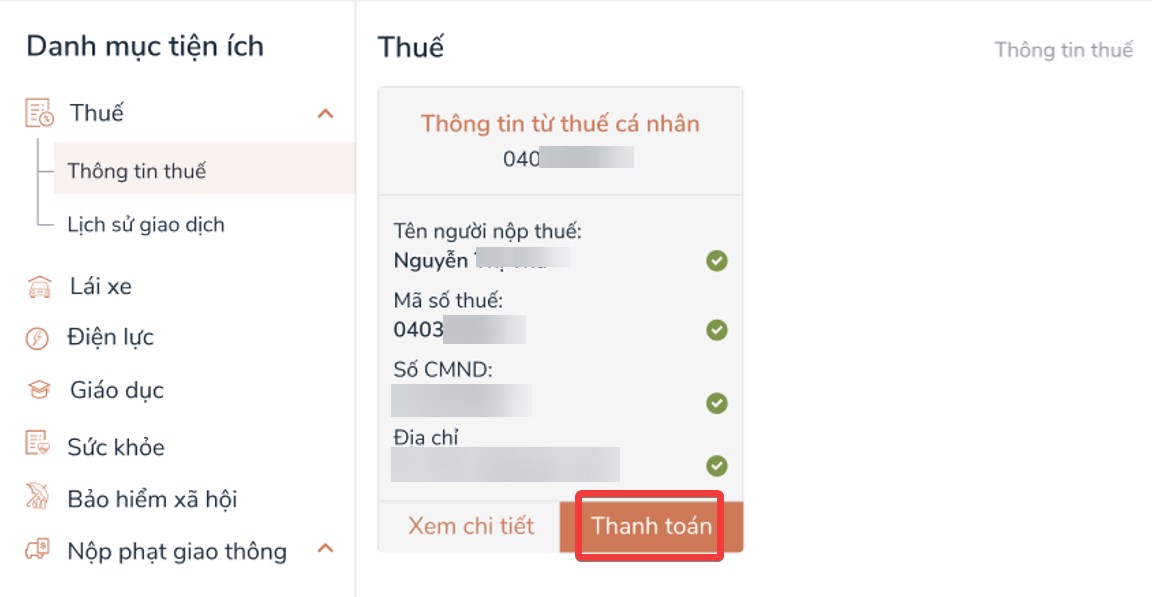 Chọn Tiện ích > Nhấn mục Thuế > Thông tin Thuế