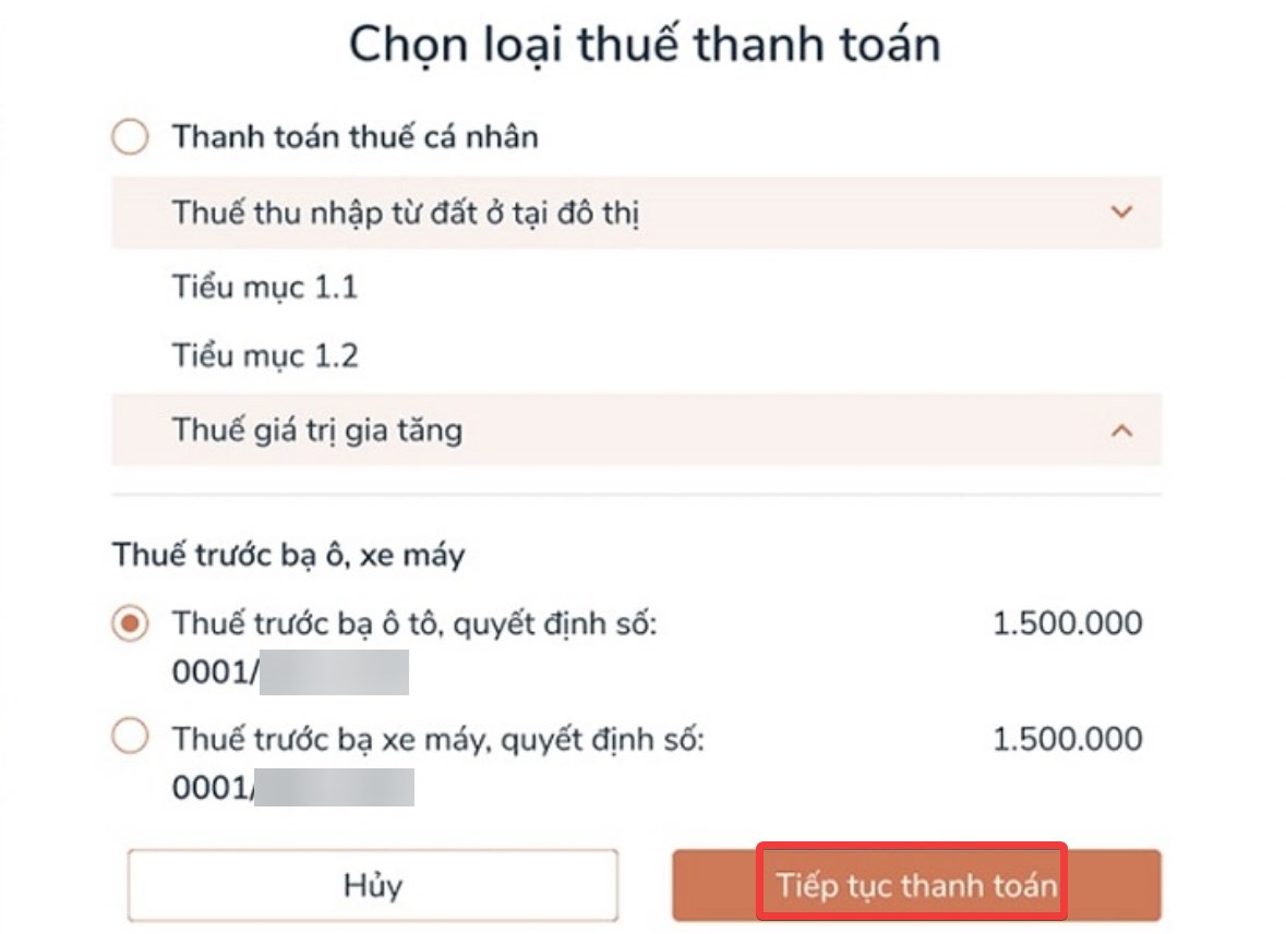 Chọn loại thuế > Tiếp tục thanh toán