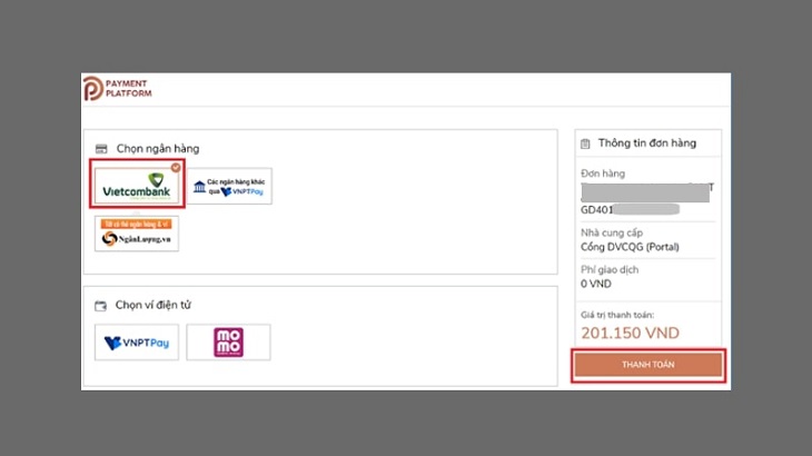Chọn đơn vị thanh toán > Kiểm tra và nhấn Thanh toán