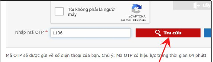 Lưu ý mã OTP sẽ có hiệu lực trong thời gian 4 phút