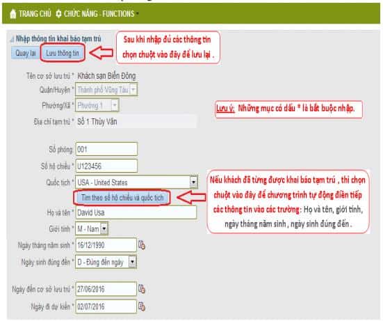 Điền thông tin trong form khai báo tạm trú online cho người nước ngoài