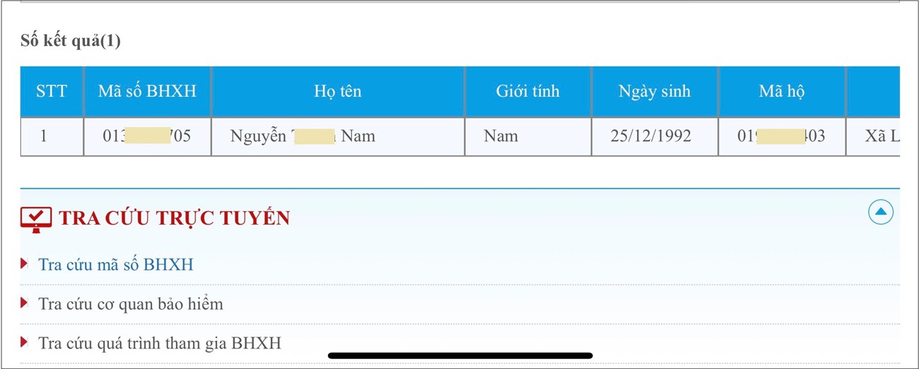 Kết quả tìm kiếm mã số BHXH hiển thị