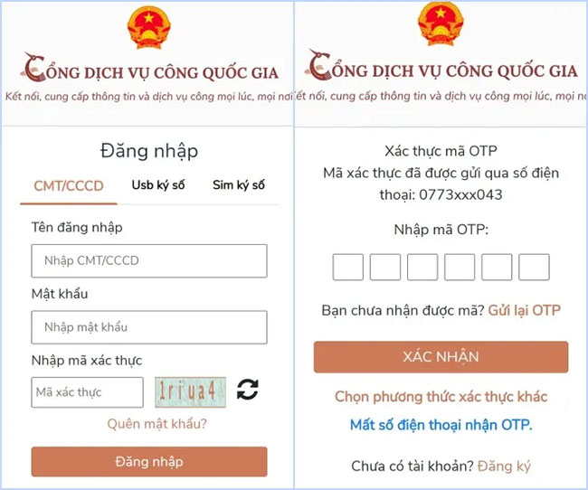 Người lao động điền thông tin tài khoản và nhập mã OTP để đăng nhập Cổng DVC.