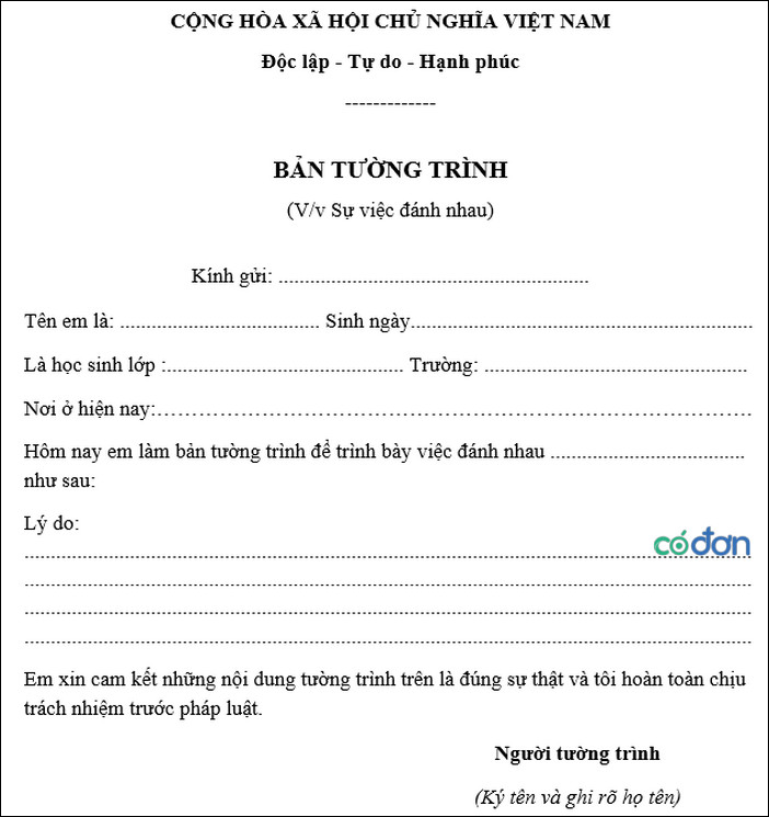 Ban tuong trinh su viec cua hoc sinh
