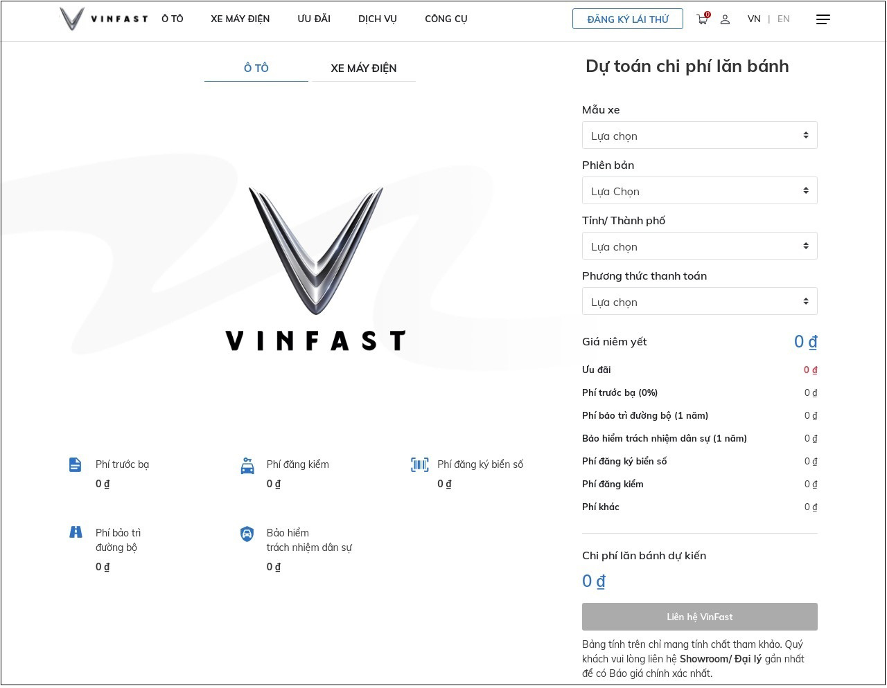 Đăng ký xe ô tô, giao diện dự toán giá lắn bánh xe VinFast
