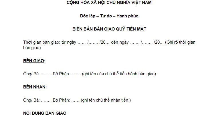 Biên bản bàn giao tiền mặt