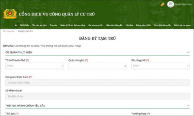 đăng ký tạm trú trực tuyến