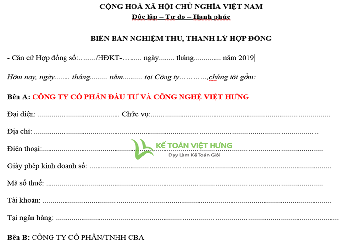 Mẫu biên bản nghiệm thu và thanh lý hợp đồng