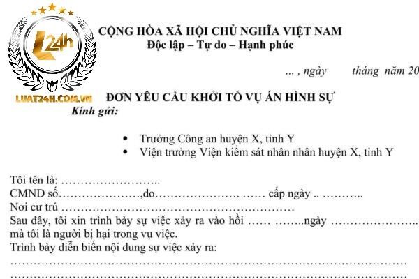 Mẫu đơn đề nghị khởi tố vụ án hình sự