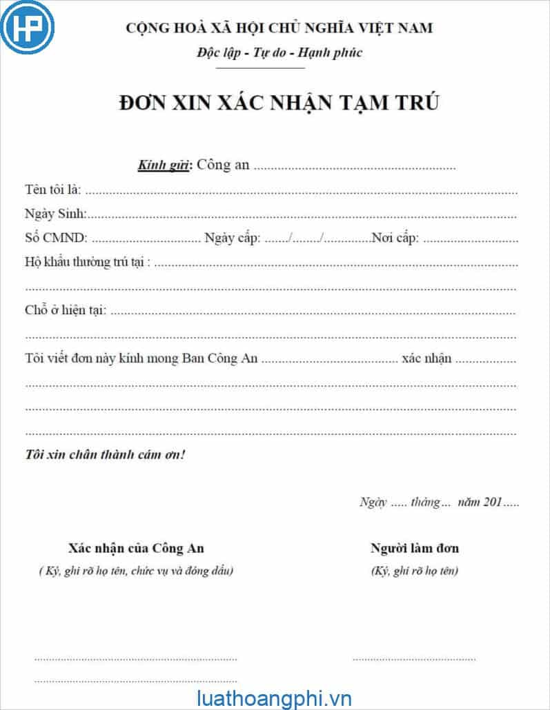 Mẫu đơn tạm trú tạm vắng