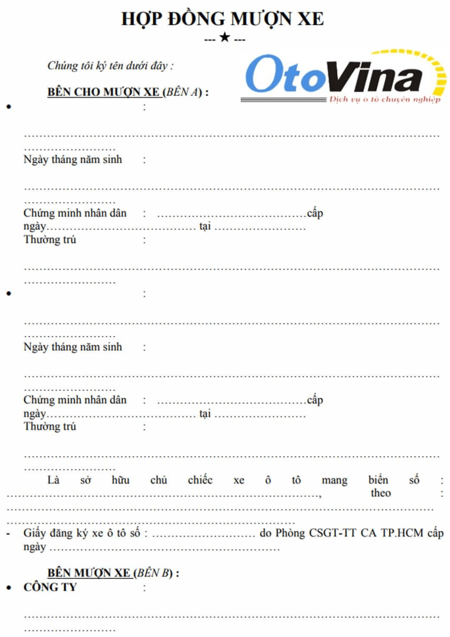 Mẫu hợp đồng mượn xe