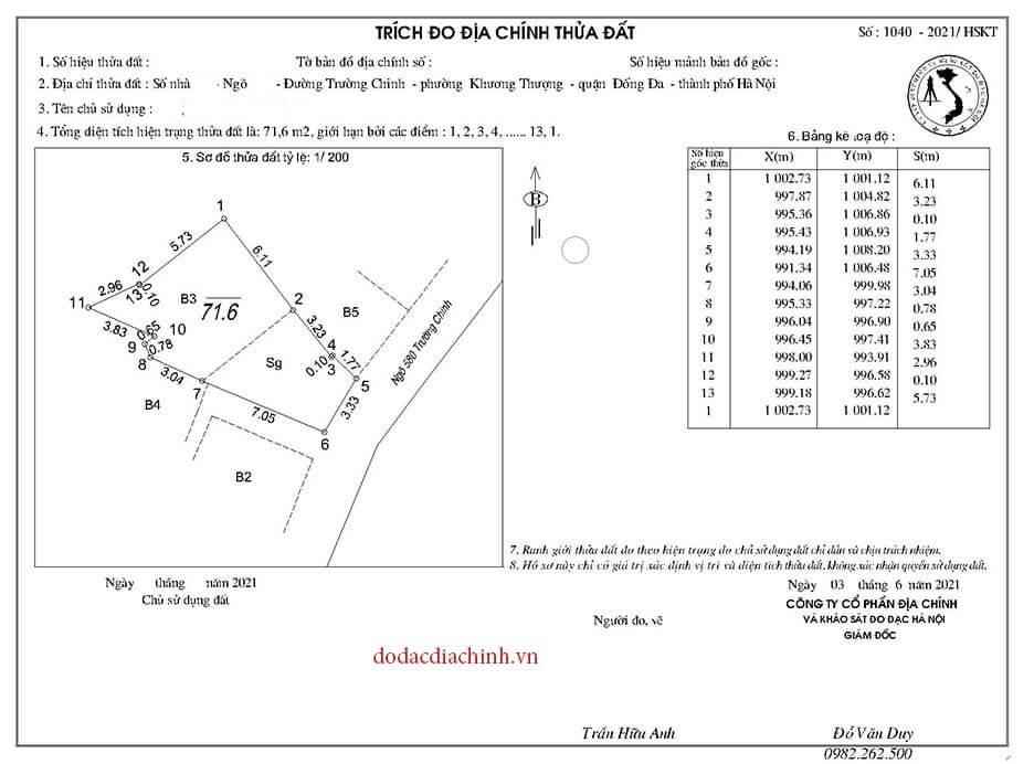 Mẫu trích đo địa chính thửa đất